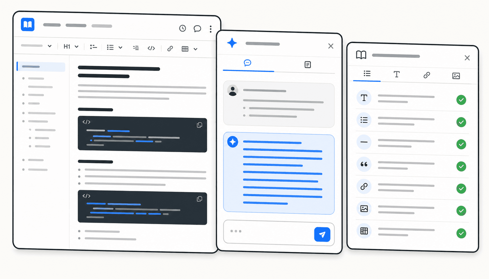 Tres paneles flotantes de editor de documentos superpuestos que muestran una página de documentación, un asistente de escritura con IA y una lista de verificación de guía de estilo sobre un fondo blanco cálido