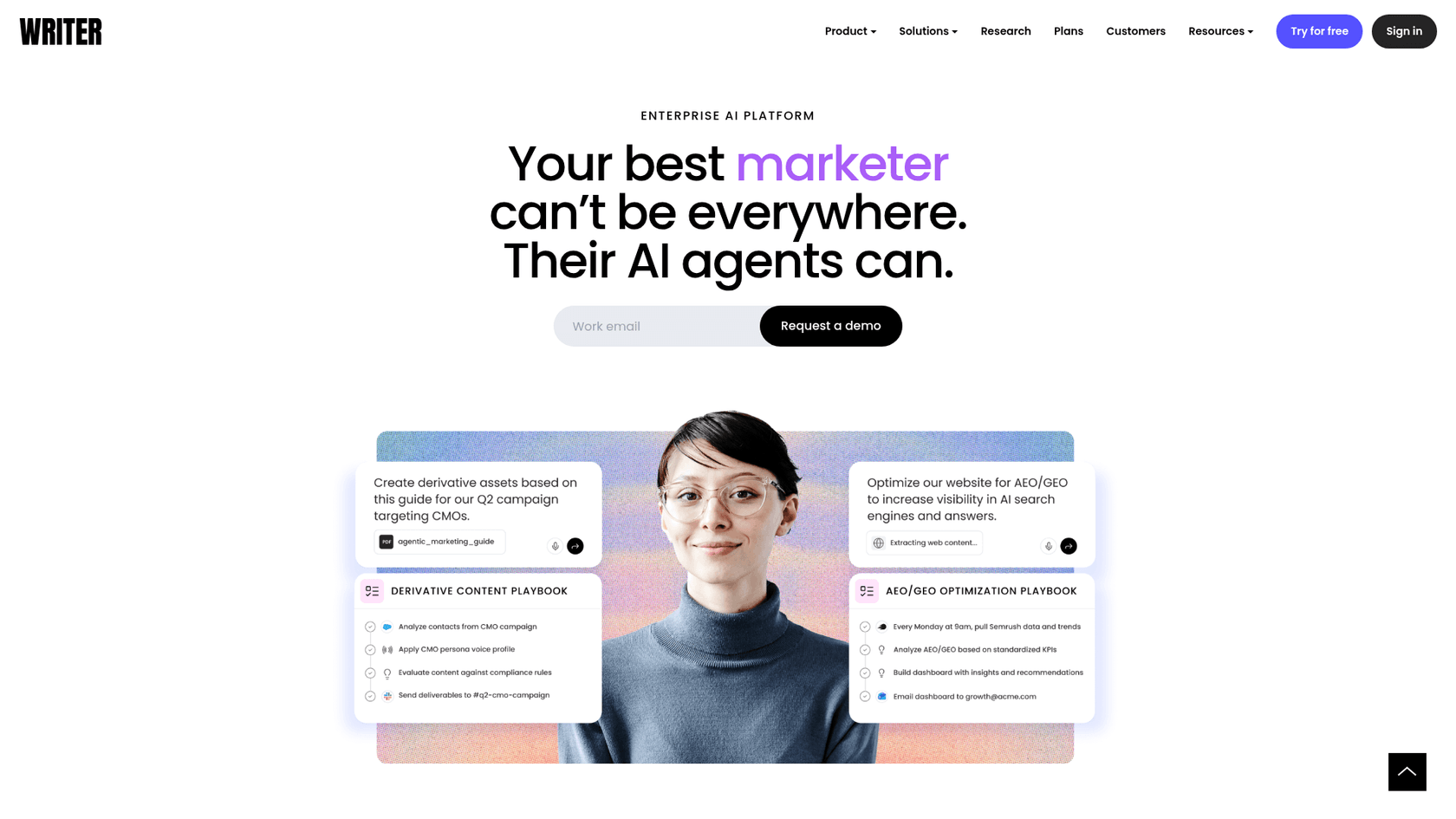 Página de inicio de Writer.com mostrando la plataforma de IA empresarial