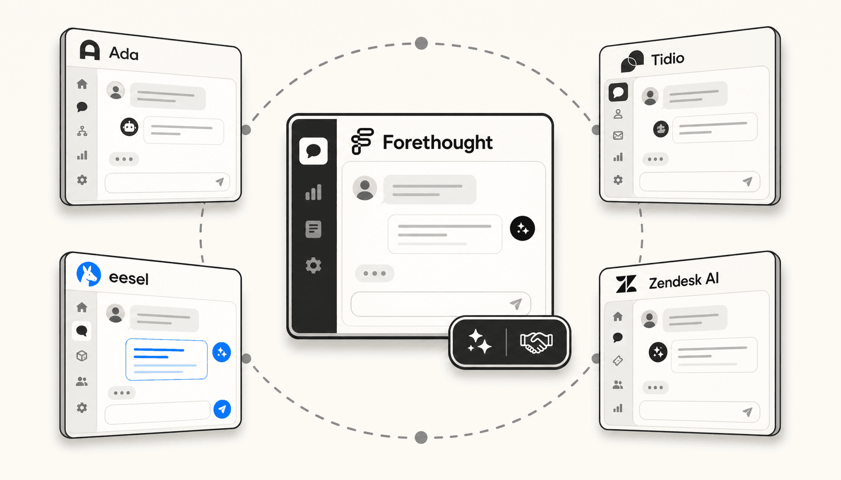 Illustration showing Forethought and alternative AI customer support platforms side by side