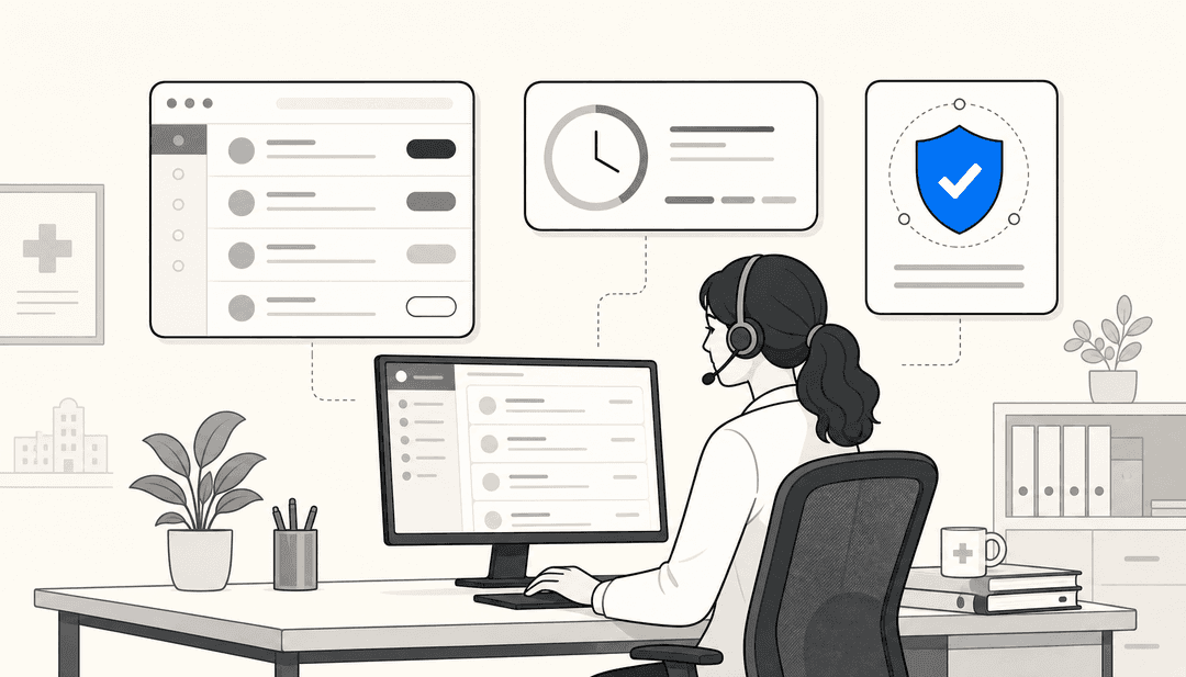 Redaktionelle Illustration eines Helpdesk-Arbeitsplatzes im Gesundheitswesen mit schwebendem Ticket-Posteingang, SLA-Timer und Compliance-Shield-Panels