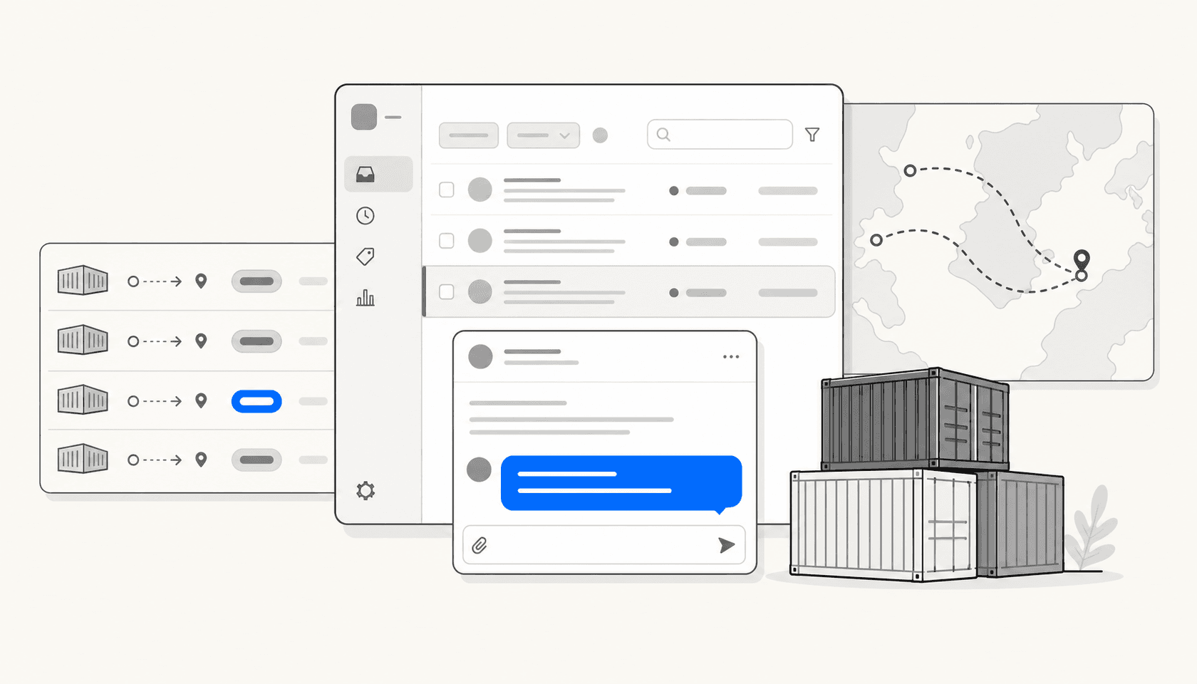 Ilustração editorial de um conceito de helpdesk de logística com painéis flutuantes de tickets, rastreio de envios e rotas