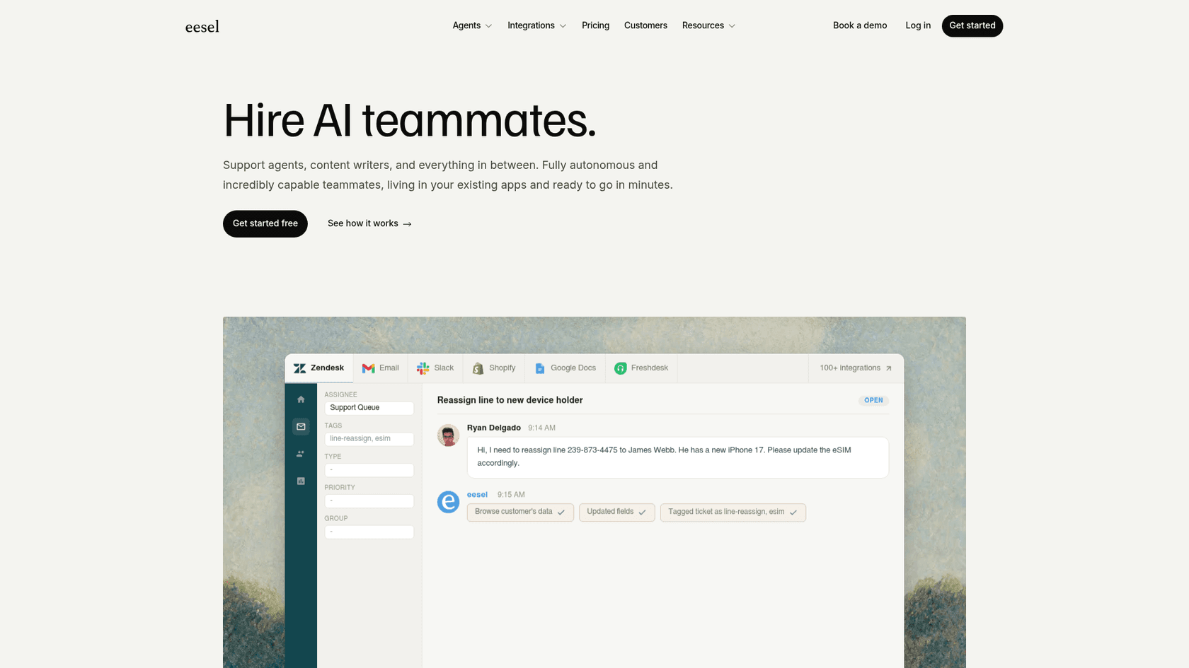 eesel AI-Homepage – KI-Kundensupport-Plattform für Slack und Helpdesk-Teams