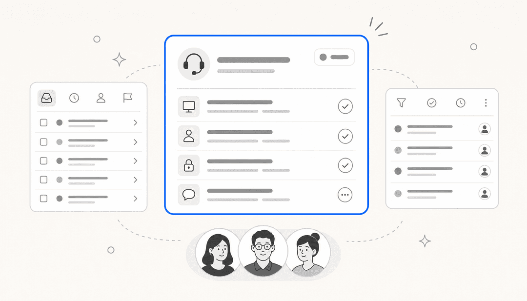 Redaktionelle Illustration einer internen Helpdesk-Oberfläche mit schwebenden Ticket-Panels und Team-Avataren