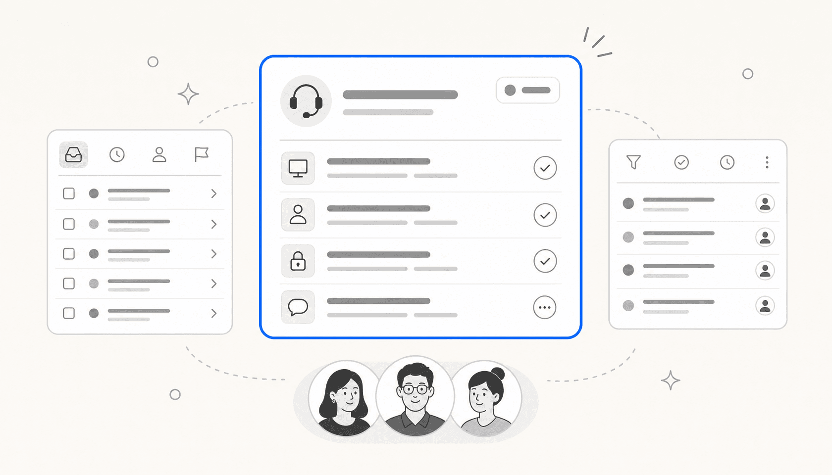 Redaktionelle Illustration einer internen Helpdesk-Oberfläche mit schwebenden Ticket-Panels und Team-Avataren