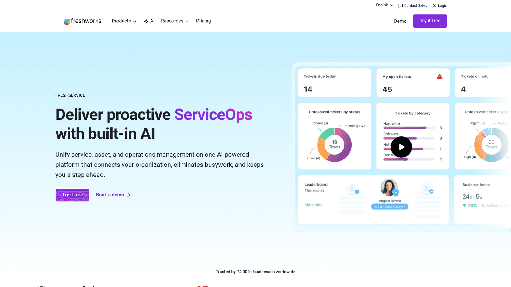 Freshservice-Homepage zeigt IT-Service-Management-Plattform