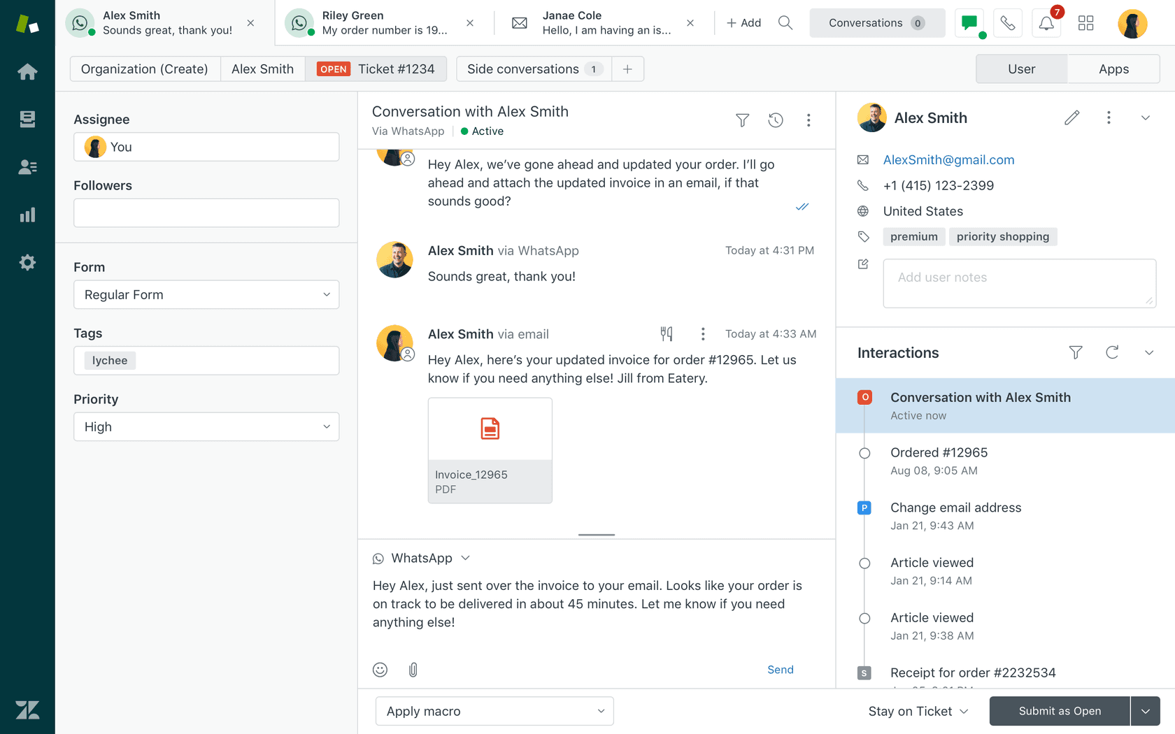 統合オムニチャネルチケットインターフェースを示すZendeskエージェントワークスペース