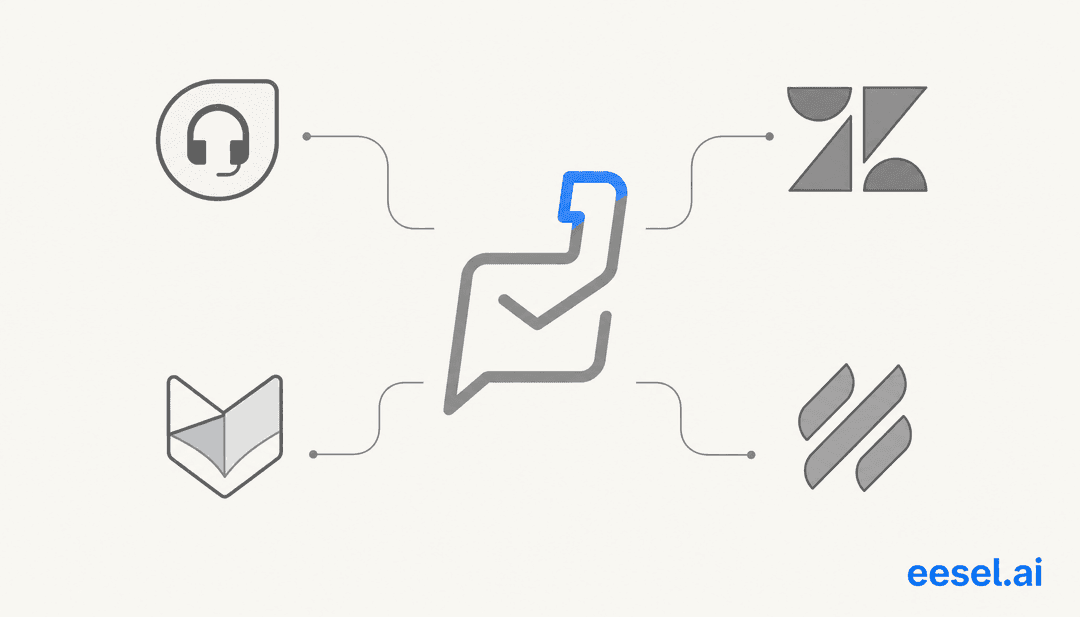 Illustration showing Zoho Desk logo alongside competing helpdesk product logos on a warm off-white background