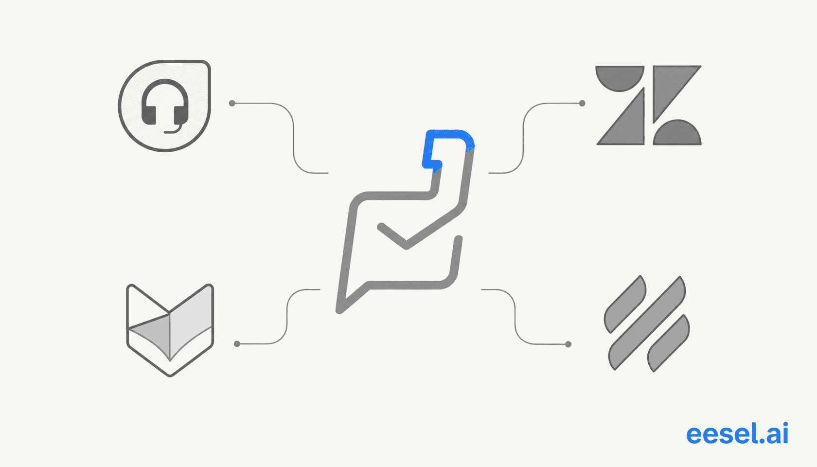 Illustration showing Zoho Desk logo alongside competing helpdesk product logos on a warm off-white background