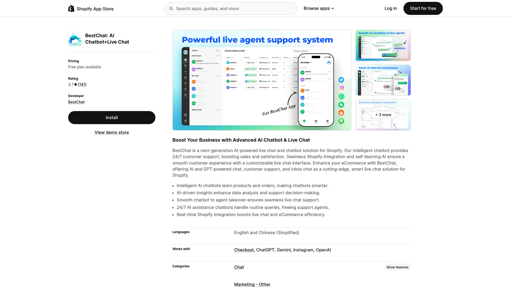 BestChat's Shopify App Store listing showing Free plan available, a 4.7 rating from 141 reviews, the Install button and the Powerful live agent support system promo image, as taken from the Shopify App Store