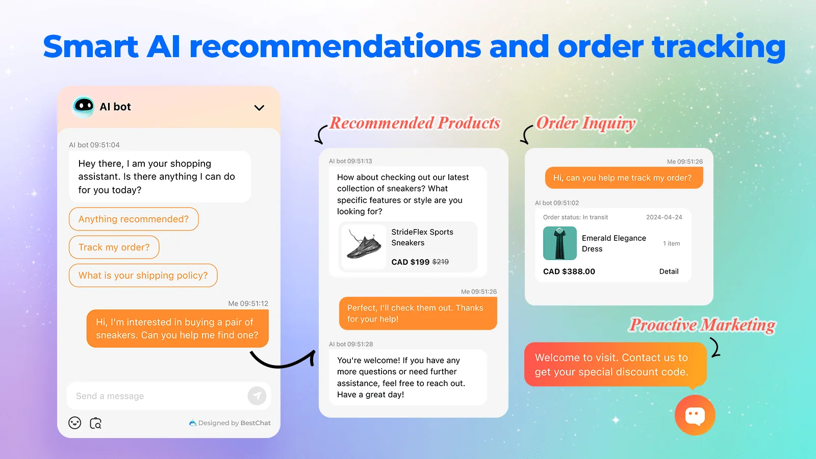 BestChat's storefront chat examples on the Shopify App Store: quick replies for Anything recommended, Track my order and What is your shipping policy, a recommended StrideFlex Sports Sneakers card at CAD $199, an order inquiry showing an Emerald Elegance Dress in transit, and a proactive marketing bubble offering a discount code, as taken from the Shopify App Store