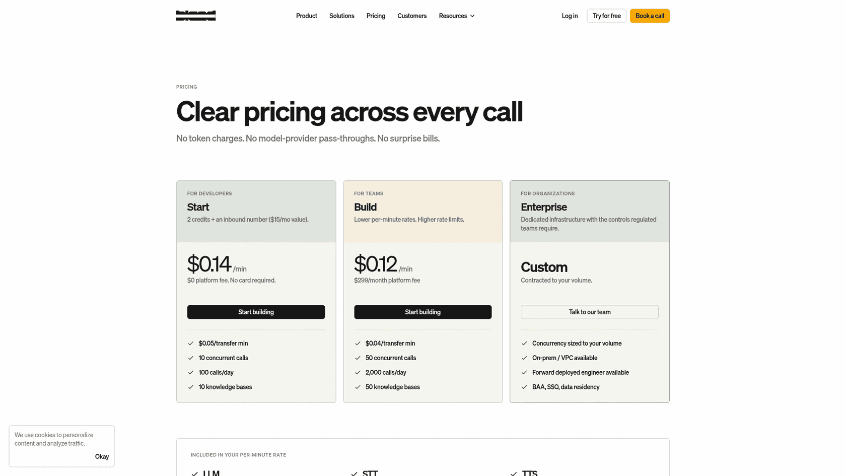 Bland AI pricing page with Start, Build, and Enterprise plans, as taken from Bland AI