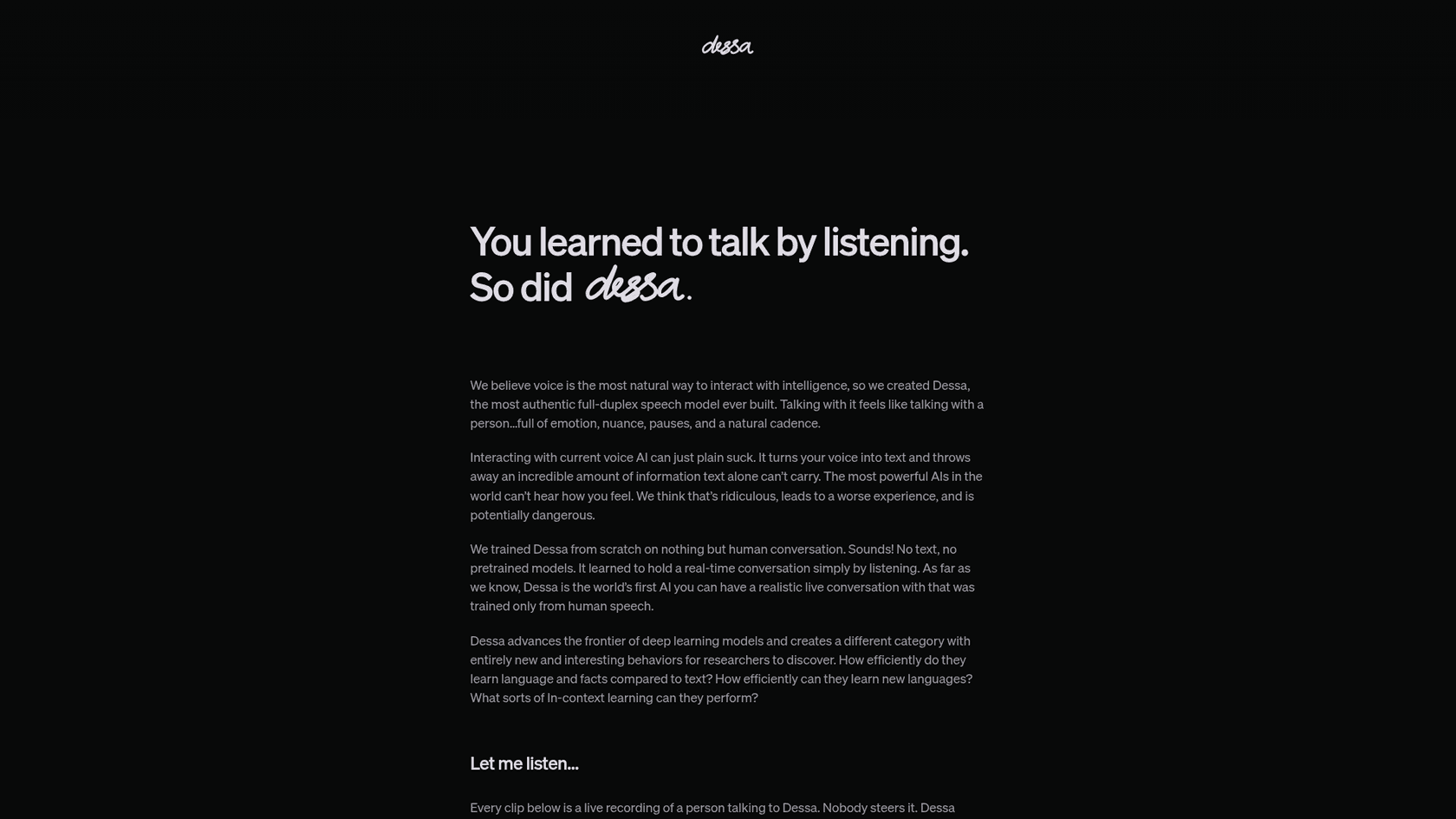 Block's Dessa launch page, with the headline "You learned to talk by listening. So did Dessa."