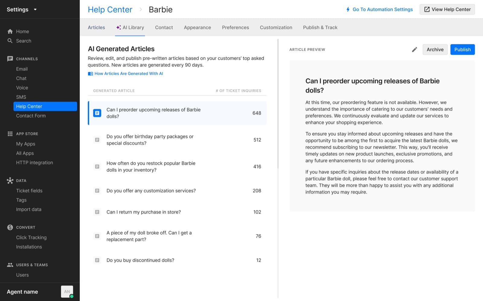 Gorgias AI Library showing AI-generated article suggestions ranked by number of ticket inquiries, with an article preview and Archive and Publish buttons, as taken from Gorgias docs