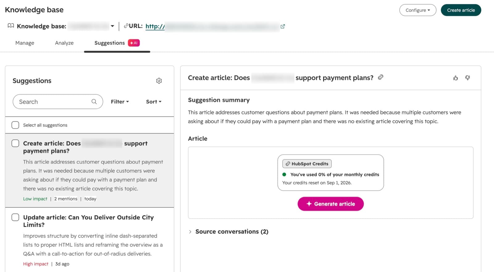 HubSpot knowledge base Suggestions tab listing a create-article suggestion about payment plans and an update-article suggestion, with a Generate article button and a credits notice, as taken from HubSpot's knowledge base docs