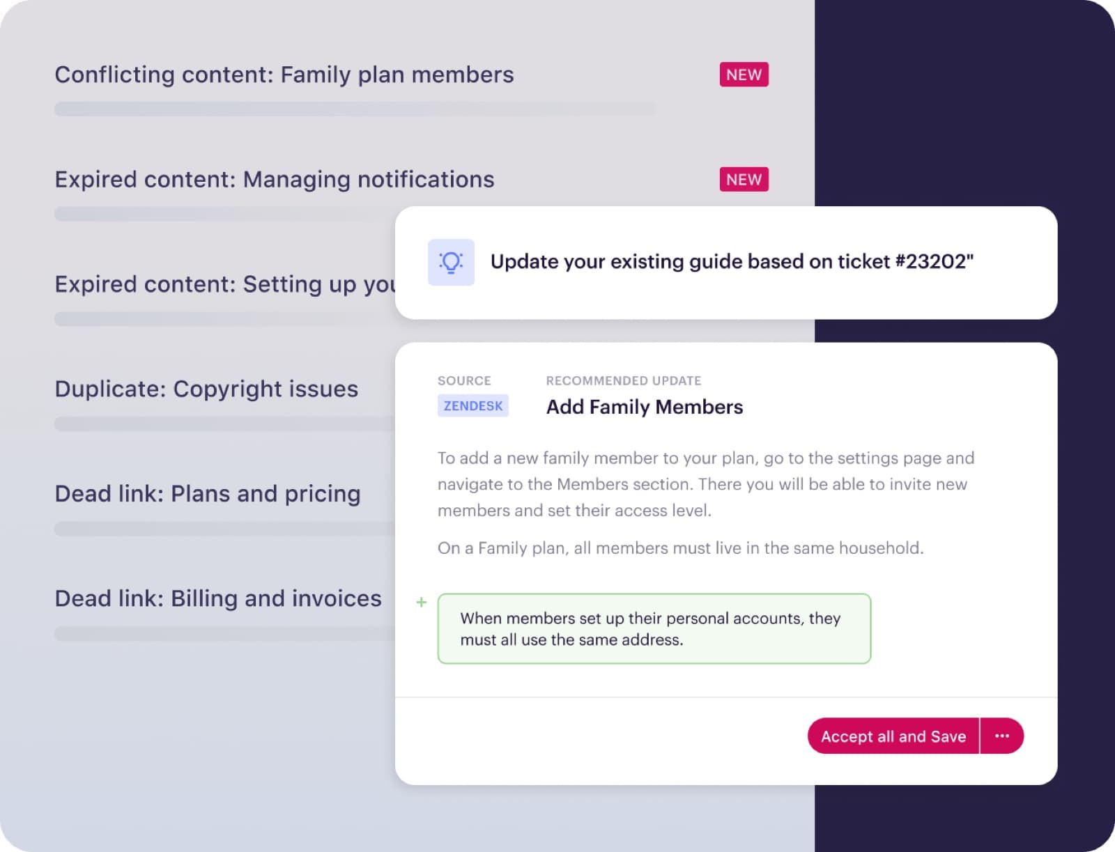 Stonly Knowledge Agents panel listing conflicting, expired, duplicate and dead-link content, with a recommended update to an existing guide drafted from a Zendesk ticket and an Accept all and Save button, as taken from Stonly