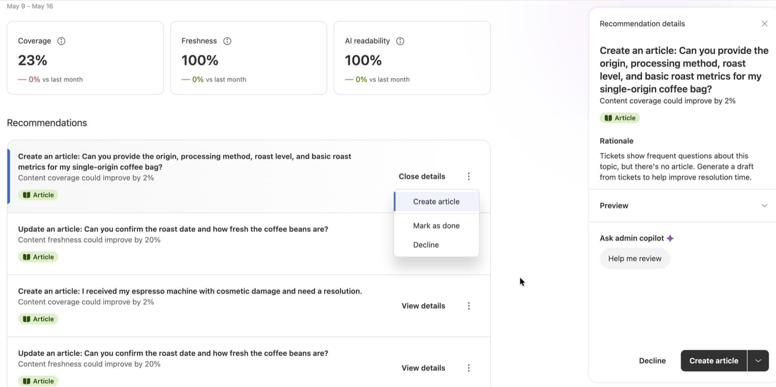 Zendesk Knowledge copilot showing Coverage, Freshness and AI readability scores above a list of recommendations to create or update articles, with a Create article button, as taken from Zendesk's help center