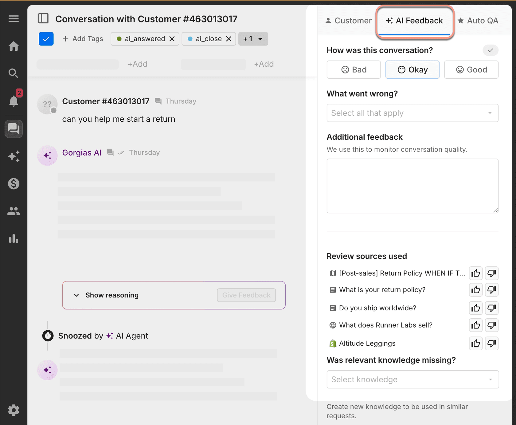Gorgias ticket answered by Gorgias AI with ai_answered and ai_close tags, a Show reasoning panel and the AI Feedback tab for rating the reply and its sources, as taken from Gorgias docs
