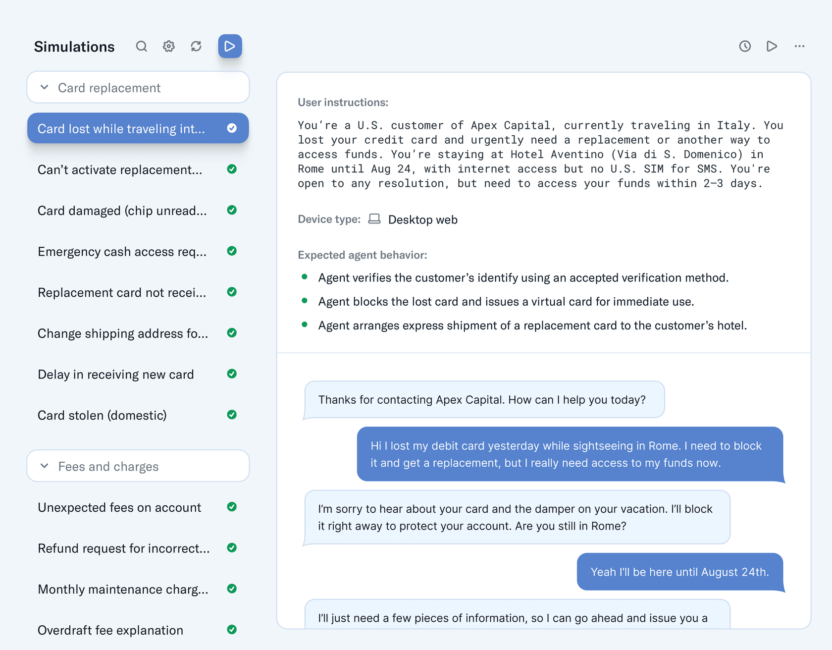 Sierra Agent Studio Simulations view with passing card-replacement test cases, the simulated customer instructions, expected agent behavior and the test chat, as taken from Sierra
