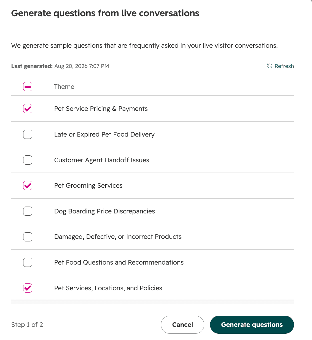 HubSpot's Generate questions from live conversations panel listing conversation themes to pick from, as taken from HubSpot's knowledge base