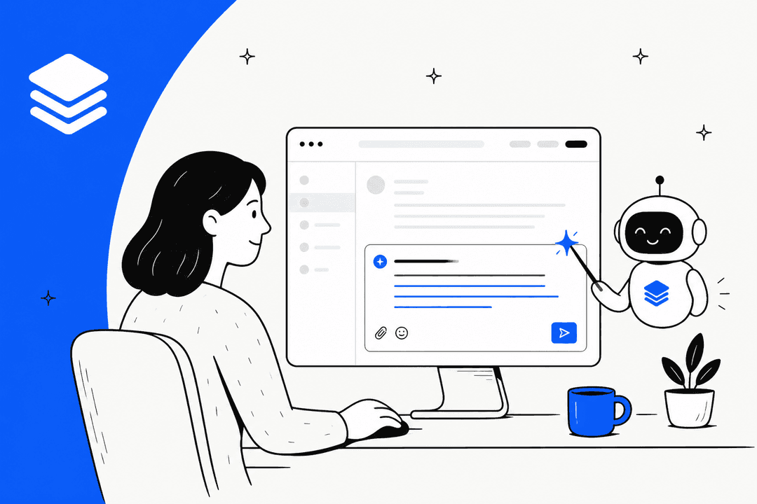 Ordemio review hero banner in Ordemio blue, a support agent at a desktop reply composer while a small robot with the Ordemio logo polishes the draft reply