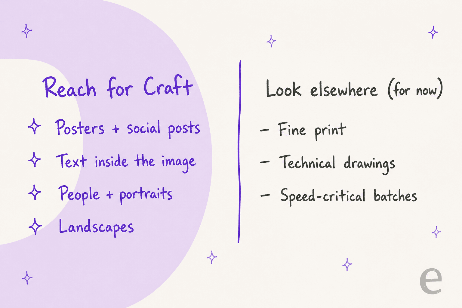 Hand-drawn split list: reach for Craft for posters and social posts, text inside the image, people and portraits and landscapes; look elsewhere for now for fine print, technical drawings and speed-critical batches