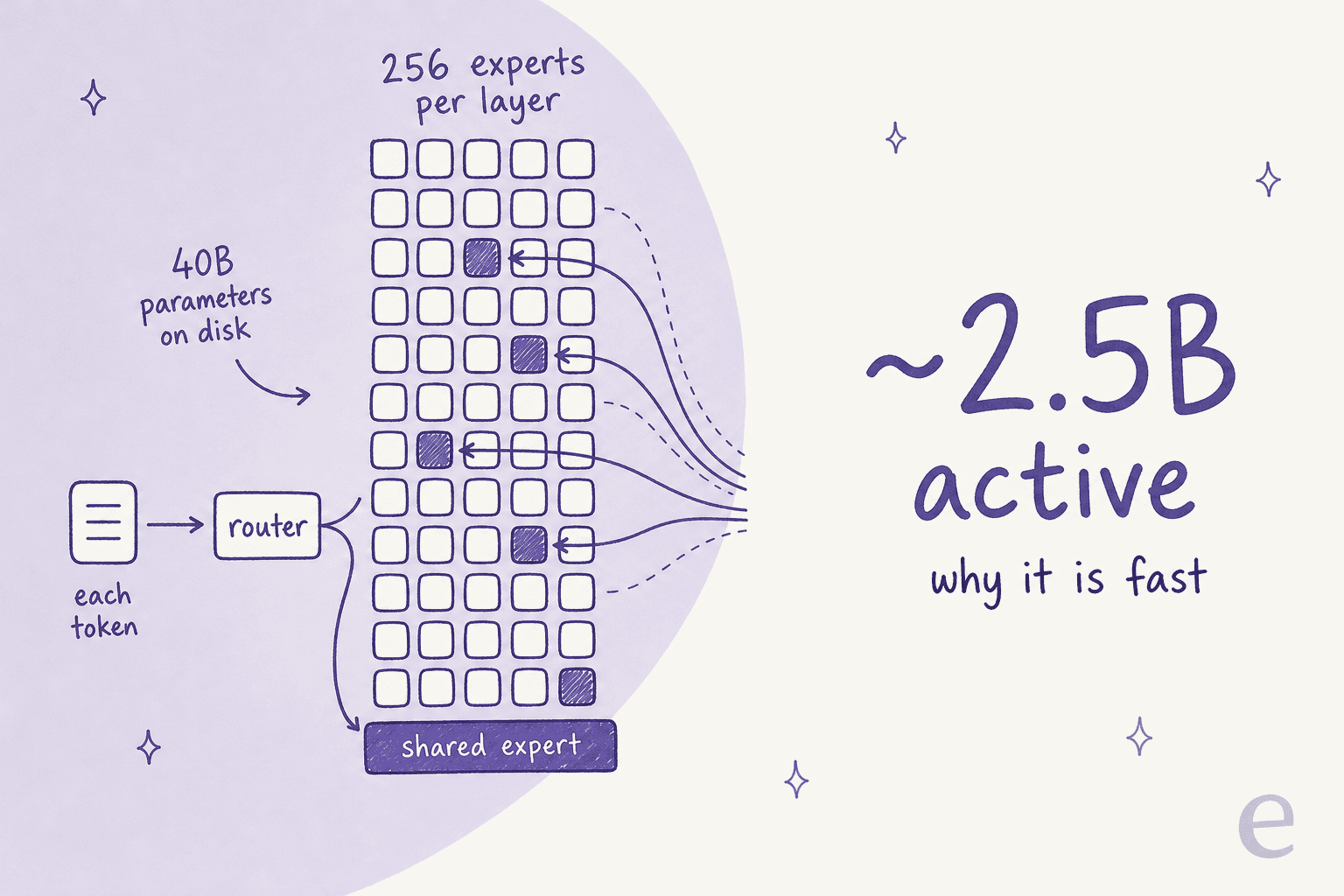 Diagram of a token passing through a router that activates a handful of the 256 experts per layer plus a shared expert, so only about 2.5B of Flint's 40B parameters do work per token