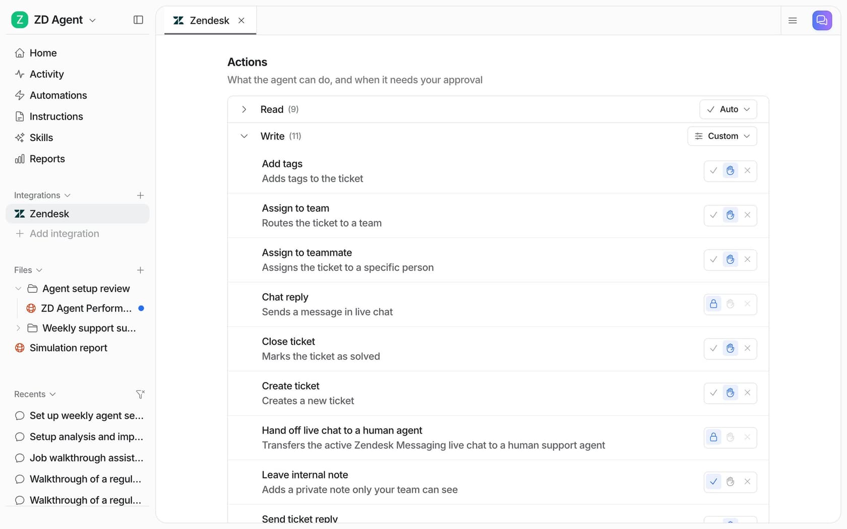 eesel's Zendesk actions settings with the Read group on Auto and the Write group set to Custom: Add tags, Assign to team, Close ticket and Create ticket on Needs approval and Leave internal note on Auto, as taken from the eesel docs on actions and approvals