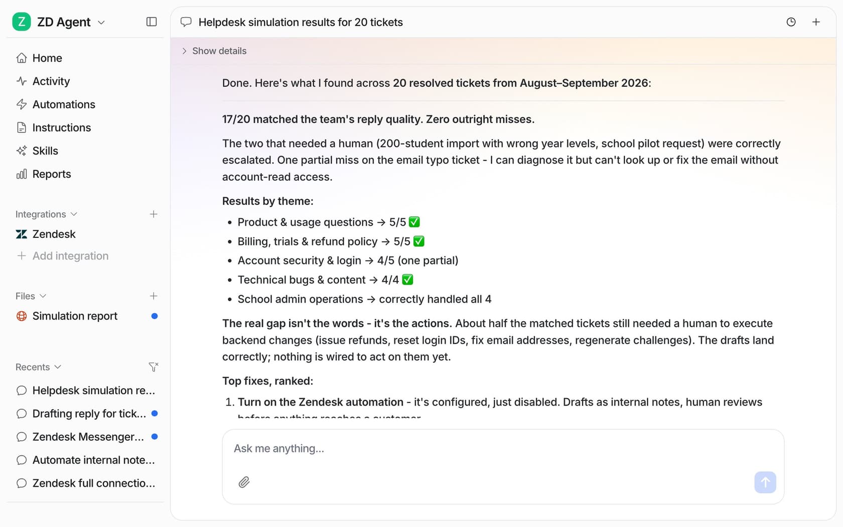 eesel helpdesk simulation results for 20 resolved Zendesk tickets: 17 of 20 matched the team's reply quality, results by theme, and ranked fixes