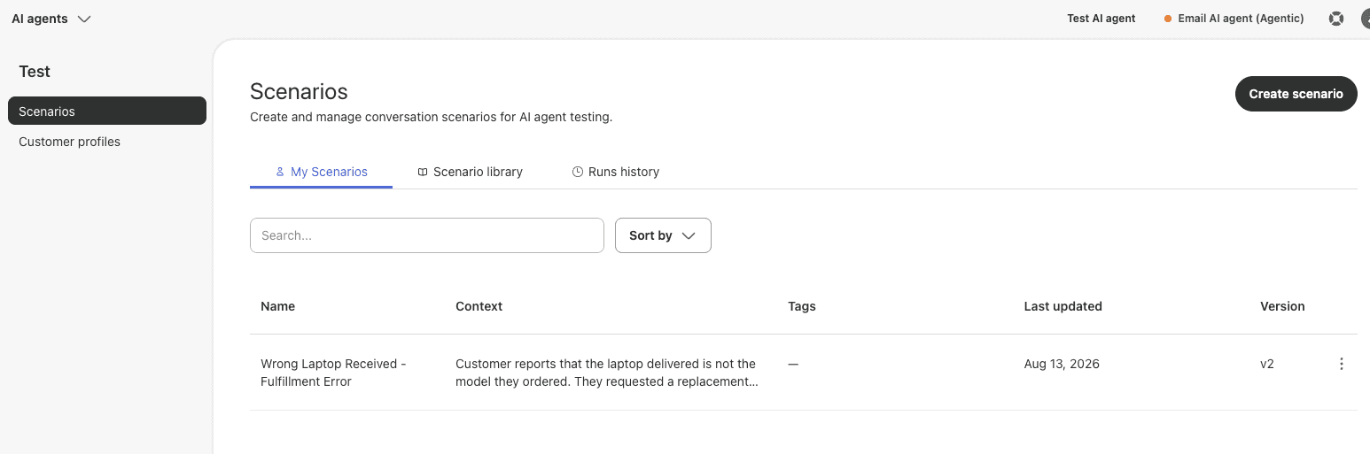 Zendesk AI agents conversation simulator Scenarios tab, where you create written test scenarios such as a wrong laptop received, as taken from Zendesk's help center