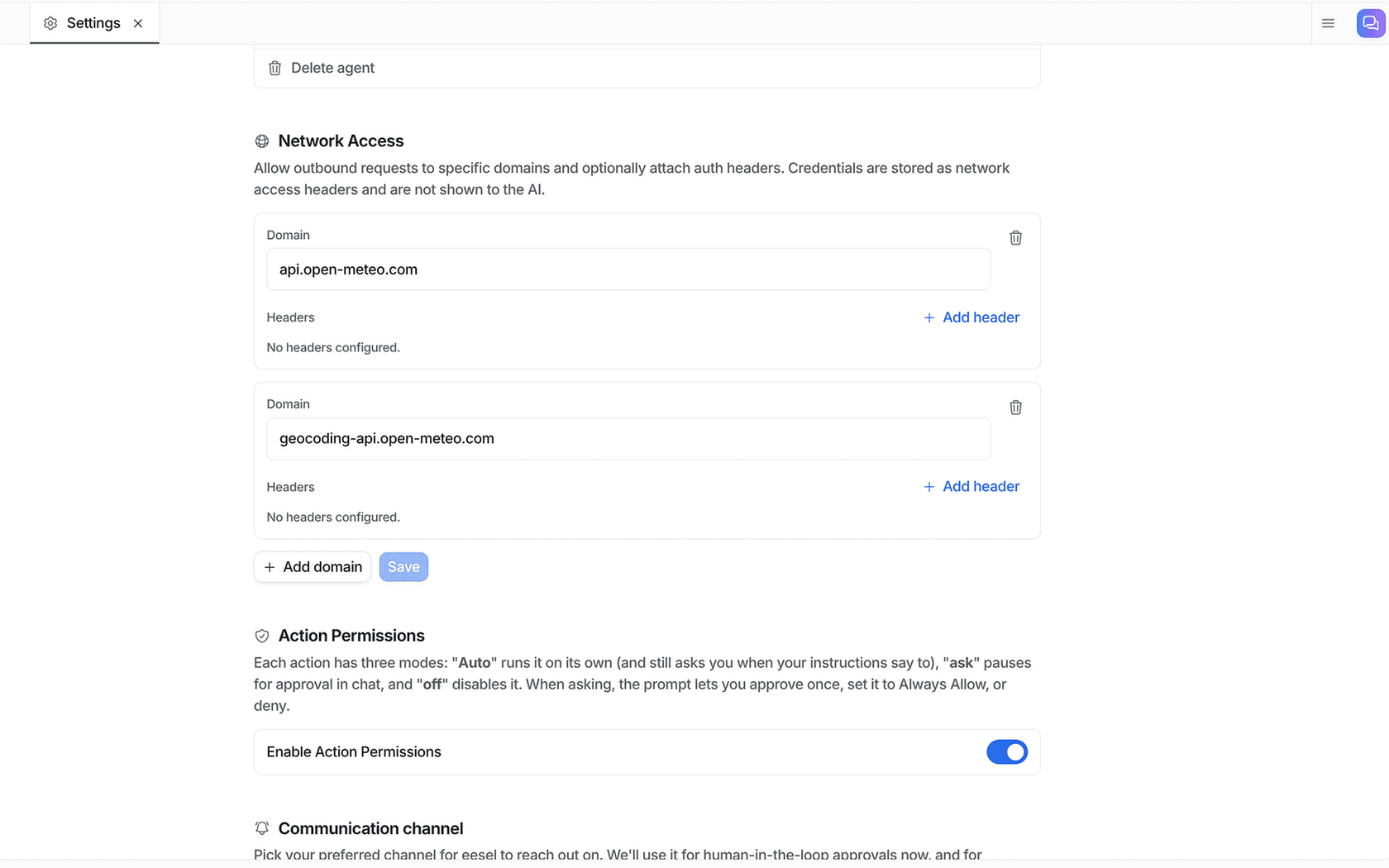 eesel's Network Access settings with two allowlisted domains and the note that credentials are stored as headers and not shown to the AI