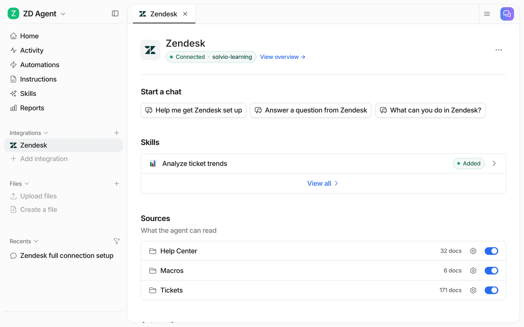 eesel's Zendesk integration page listing Help Center, Macros and Tickets as sources with document counts and toggles