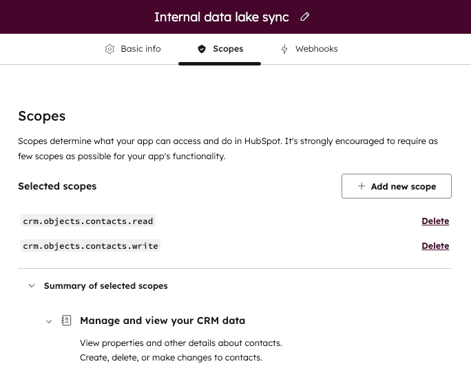 HubSpot's private app Scopes tab showing two selected CRM contact scopes and a summary of what they allow, as taken from HubSpot's developer docs