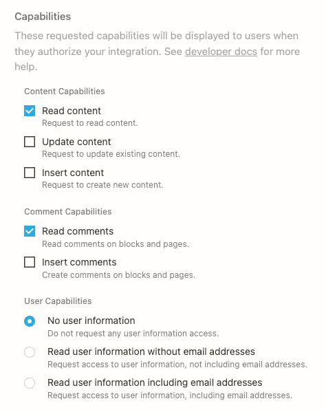 Notion's capability settings for a connection, with Read content checked and Update and Insert content left off, as taken from Notion's developer docs