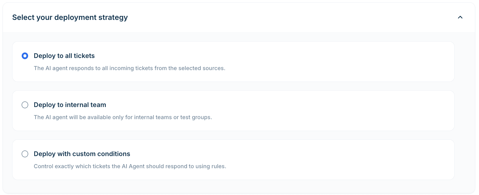 Freshdesk-Karte Select your deployment strategy mit drei Optionen: Deploy to all tickets, Deploy to internal team und Deploy with custom conditions, aus dem Help Center von Freshdesk