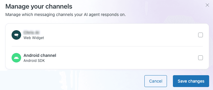 Zendesk "Manage your channels" dialog listing a Web Widget and an Android channel with checkboxes and a Save changes button, as taken from Zendesk's help center