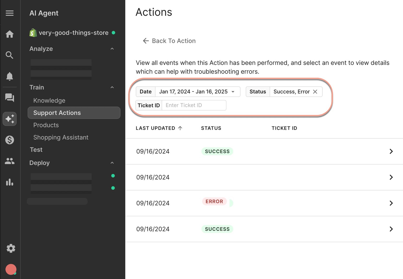 Journal des événements d'actions de Gorgias AI Agent avec des filtres Date, Status et Ticket ID et une liste d'événements marqués Success et Error, tiré de l'aide de Gorgias