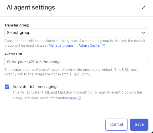 Boîte de réglages de l'agent IA de Zendesk avec un menu déroulant Transfer group et un texte d'aide indiquant que les conversations seront escaladées vers ce groupe et que le groupe par défaut est utilisé si le groupe sélectionné est supprimé, tirée du centre d'aide de Zendesk
