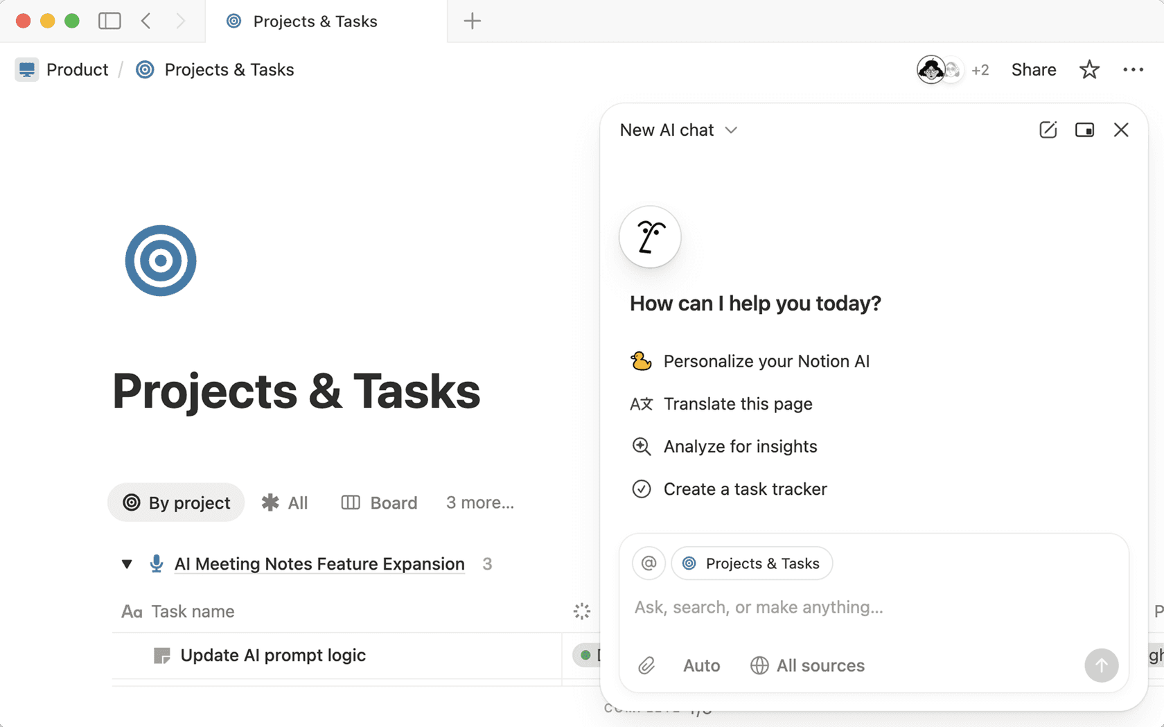 Notion Agent chat panel open on a Projects and Tasks page, offering to personalize Notion AI, translate the page, analyze for insights or create a task tracker, as taken from the Notion help center
