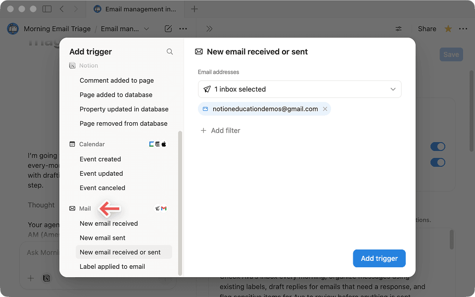 Notion Custom Agent Add trigger menu listing Notion, Calendar and Mail triggers, with New email received or sent selected for one connected inbox, as taken from Notion's inbox and calendar guide