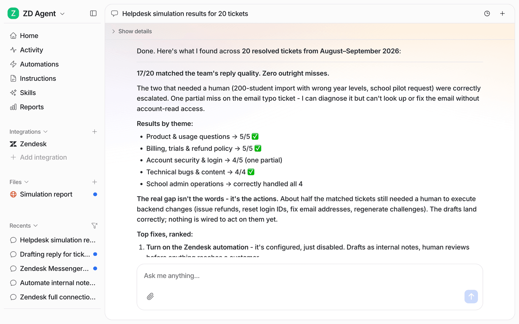 eesel Helpdesk simulation results for 20 tickets showing 17 of 20 matched the team's reply quality, results by theme and ranked fixes, from eesel's docs