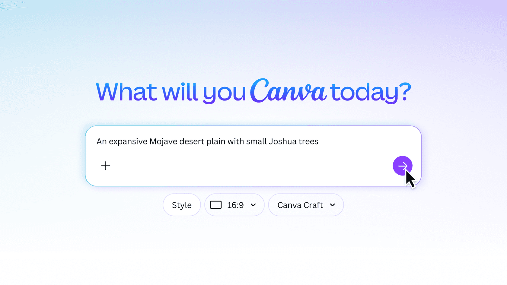 The Canva prompt box with an expansive Mojave desert prompt, a Style button, a 16:9 aspect ratio picker and Canva Craft selected as the model, as taken from Canva's newsroom