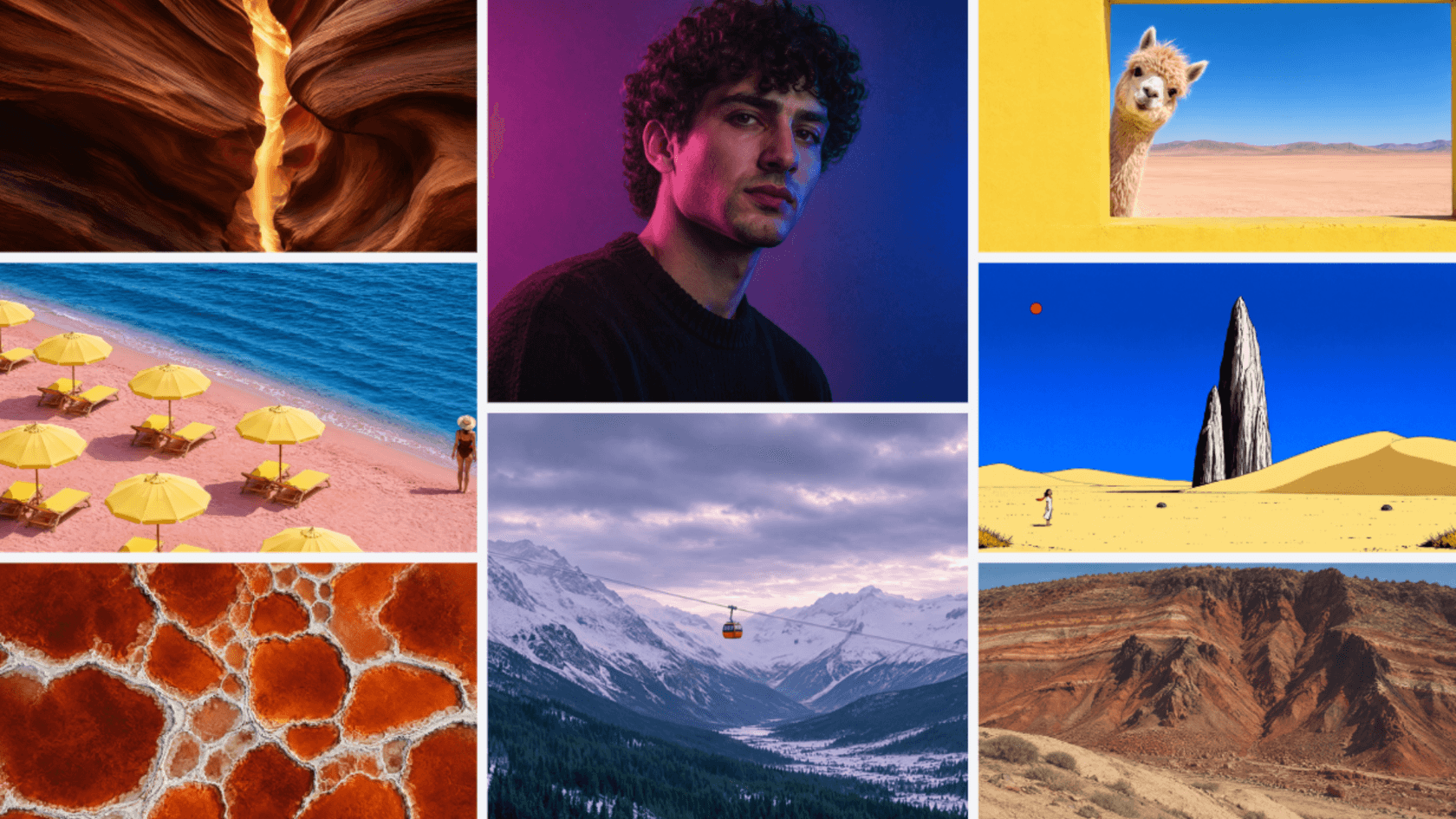 A grid of Canva Craft sample images including a slot canyon, a portrait, a beach of yellow umbrellas, an alpaca, a desert spire, a snowy cable car valley and red rock hills, as taken from Canva's Craft announcement