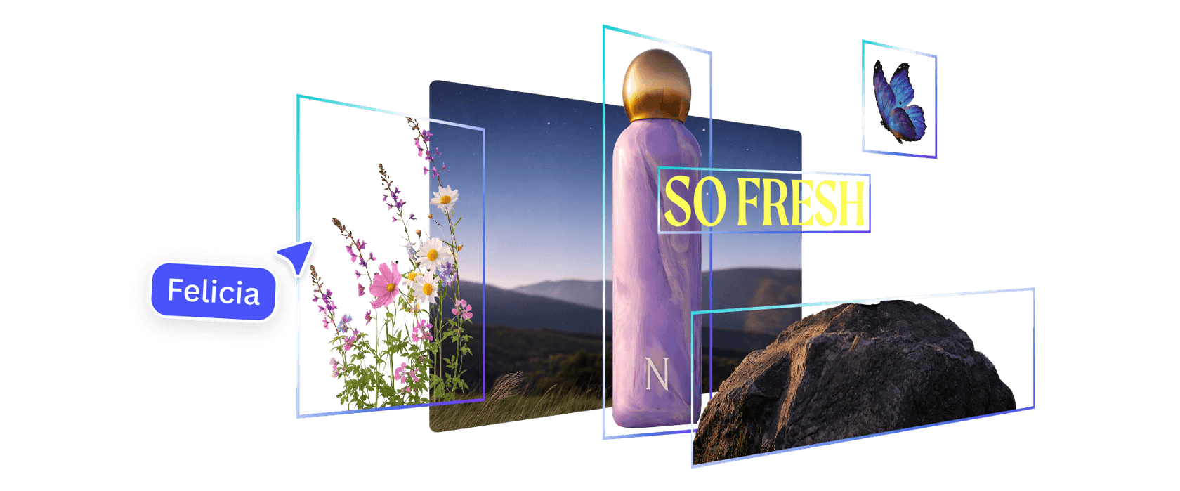 A product image split into separate layers for a bottle, flowers, a butterfly, a mountain backdrop and a rock, showing Magic Layers, as taken from Canva