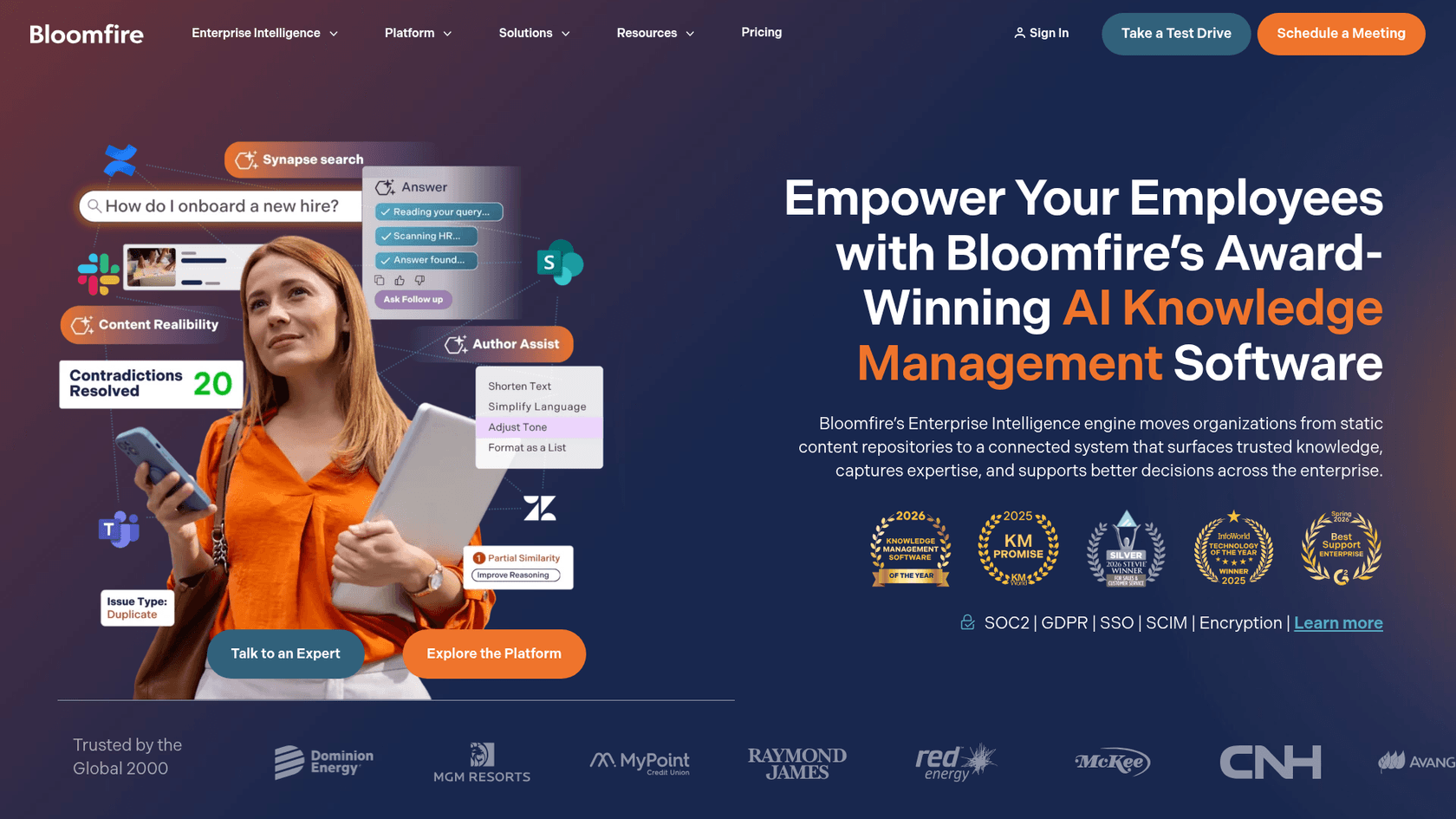 Bloomfire homepage showing Synapse AI search across connected tools, as shown on Bloomfire