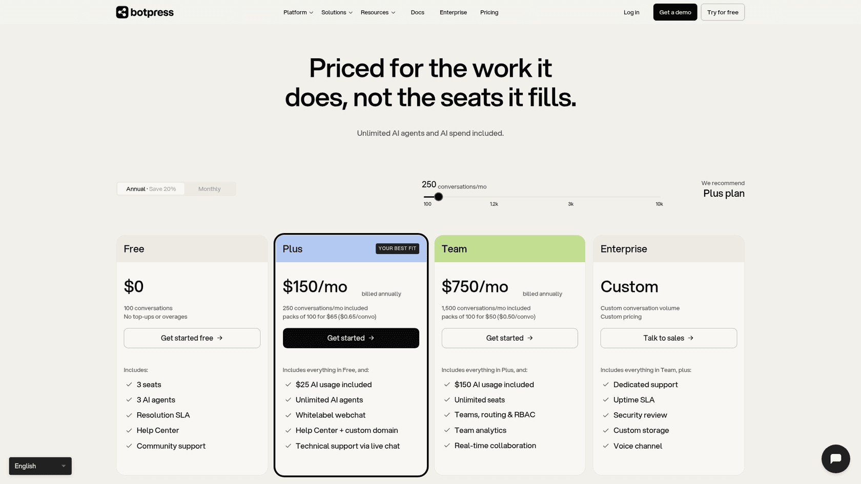 Botpress pricing page showing Free, Plus, Team and Enterprise plans, as taken from Botpress