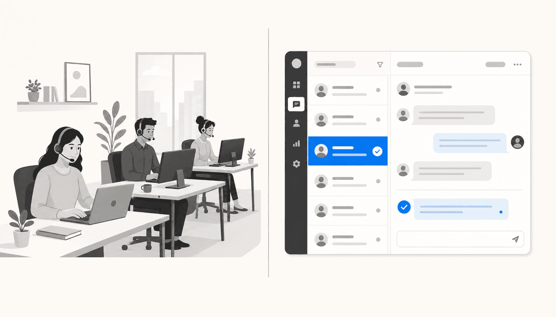 Split illustration showing a human support team at desks on the left and an AI customer support dashboard on the right