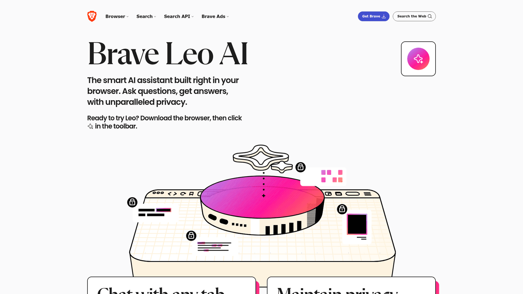 Brave Leo AI landing page describing the assistant built into the browser, as seen on Brave