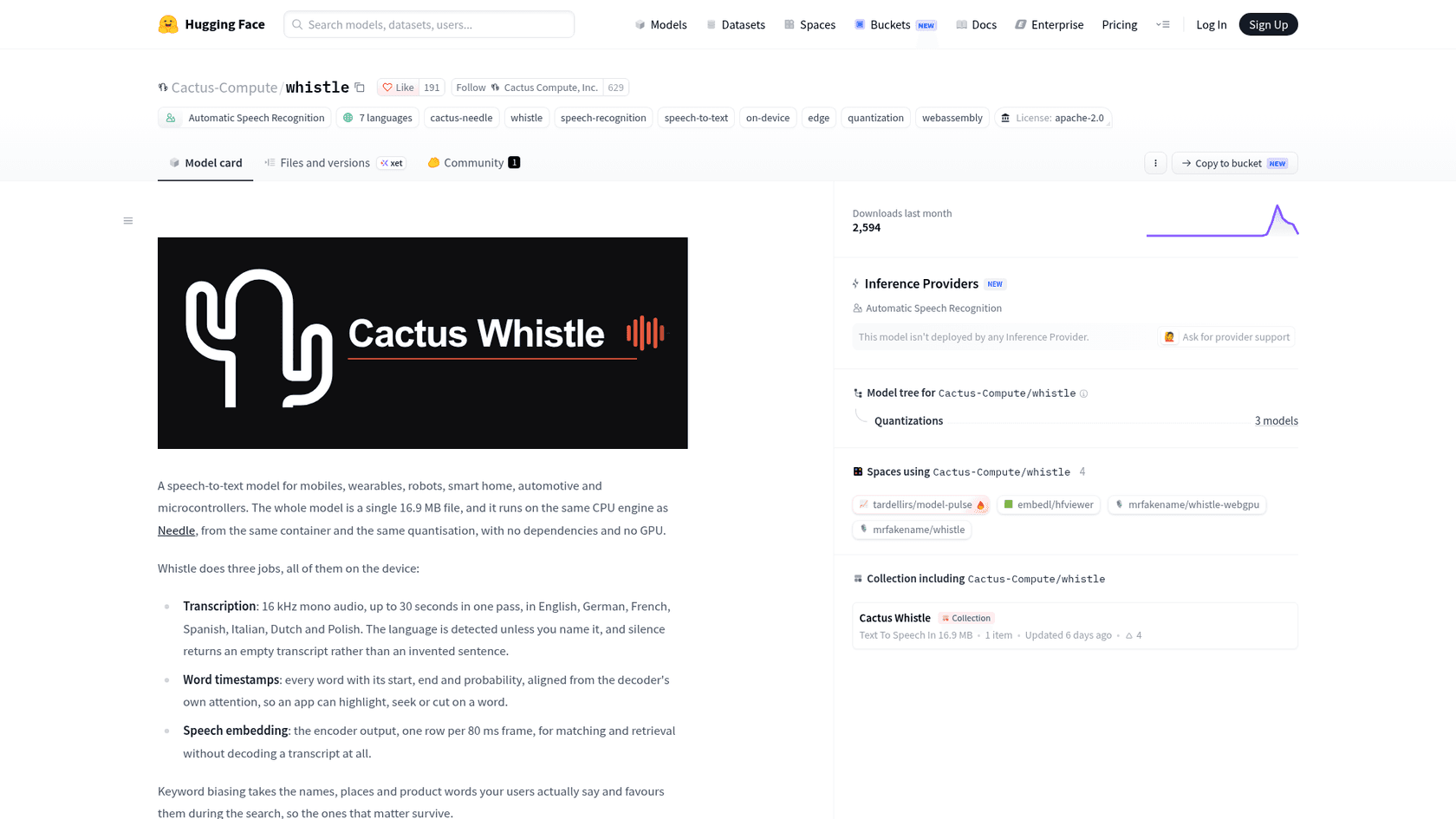 Cactus Whistle model card on Hugging Face, showing the 7 languages tag, Apache 2.0 license and 2,594 downloads last month, as taken from Hugging Face