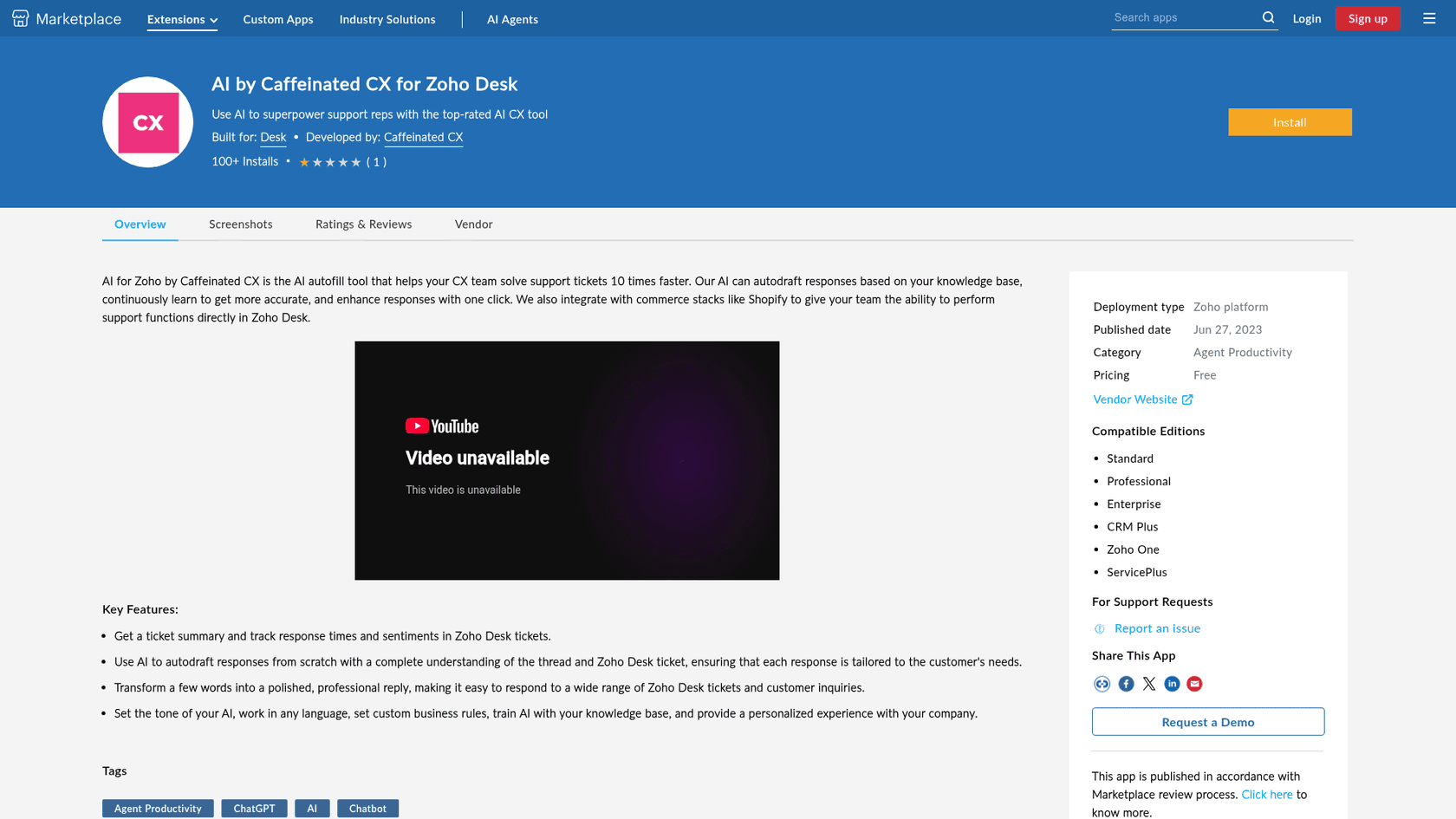 AI by Caffeinated CX for Zoho Desk on the Zoho Marketplace, listed as free with 100+ installs, as taken from Zoho Marketplace