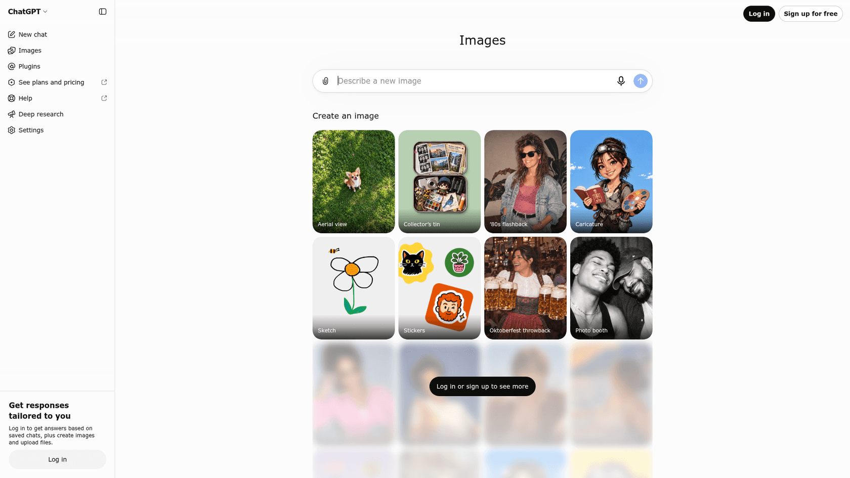 The ChatGPT Images page with a Describe a new image prompt box and a grid of example styles such as aerial view, sketch, stickers and photo booth, as taken from ChatGPT